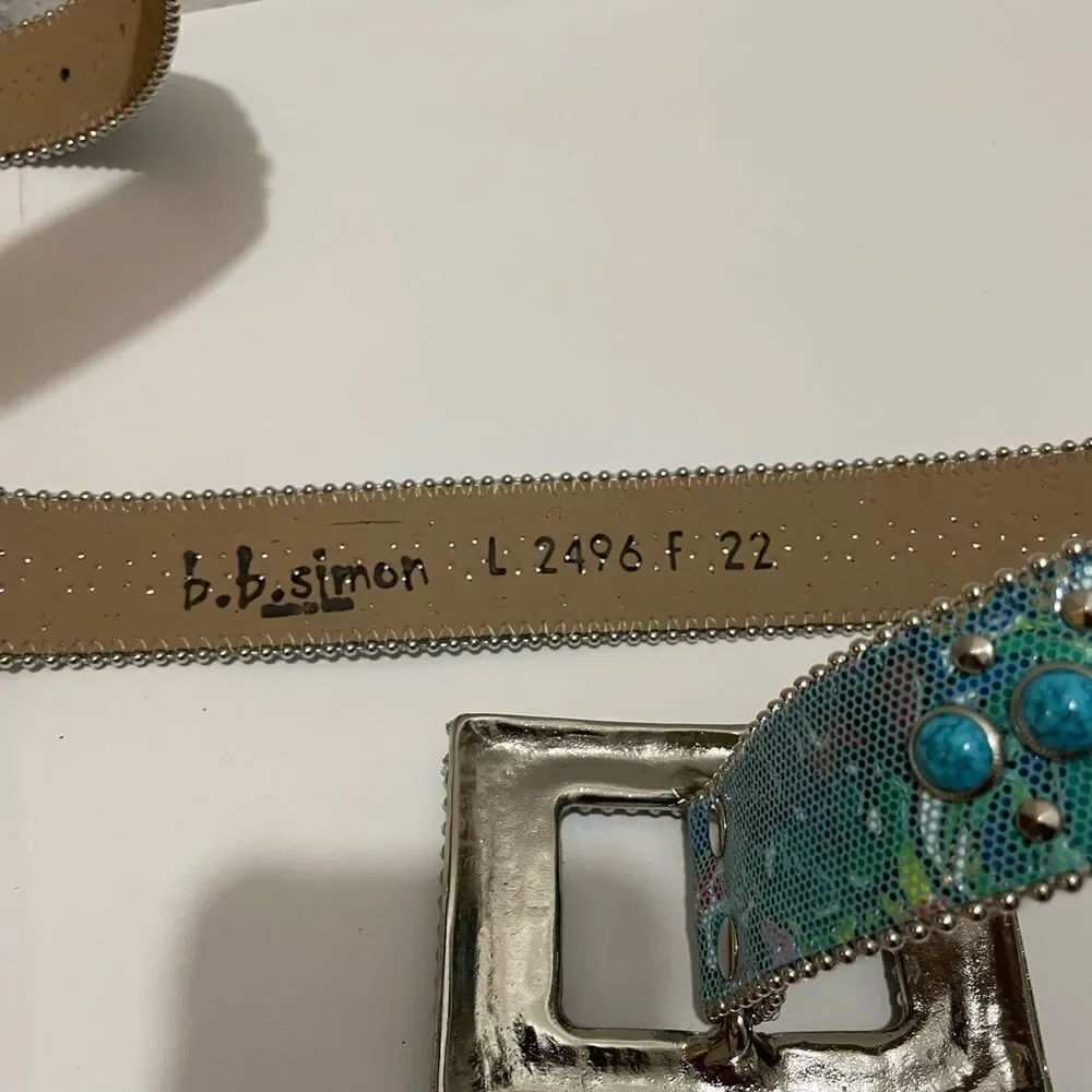 b.b. Simon Swarovski Rhinestone Embellished Blue Leather Belt With Studs L